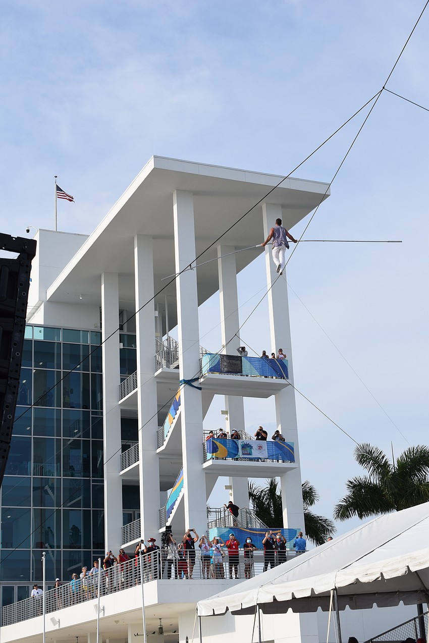 After walking almost the length of a football field on the highwire, Blake Wallenda reaches the fourth floor of the Nathan Benderson Park finish tower July 18.