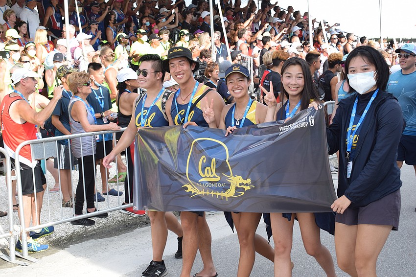 It was Go Bears! during the parade of athletes as paddlers from the University of California-Berkeley are represented.