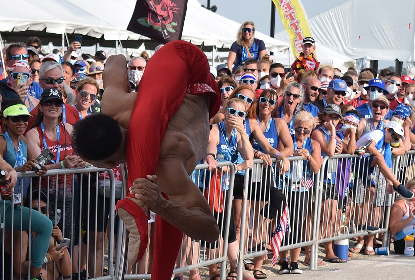 Contortionist Ricardo Sosa induces interesting reactions from the crowd at Nathan Benderson Park.