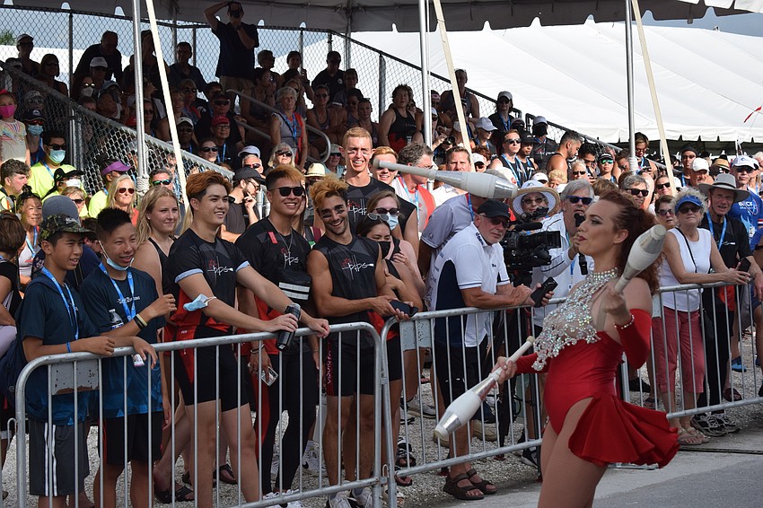 The fans can't take their eyes off juggler Gena Cristiani during the opening ceremonies.