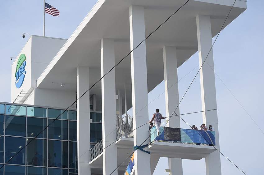 Blake Wallenda safely arrives at the finish tower.