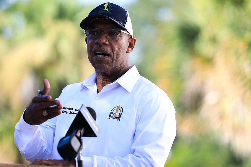 City Manager Marlon Brown speaks to the crowd.