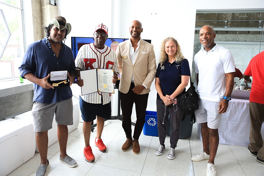 DreamLarge founder Anand Pallegar, Walter Gilbert, Vice Mayor Kyle Battie, City Commissioner Jen Ahearn-Koch and City Manager Marlon Brown during the watch party on July 24.