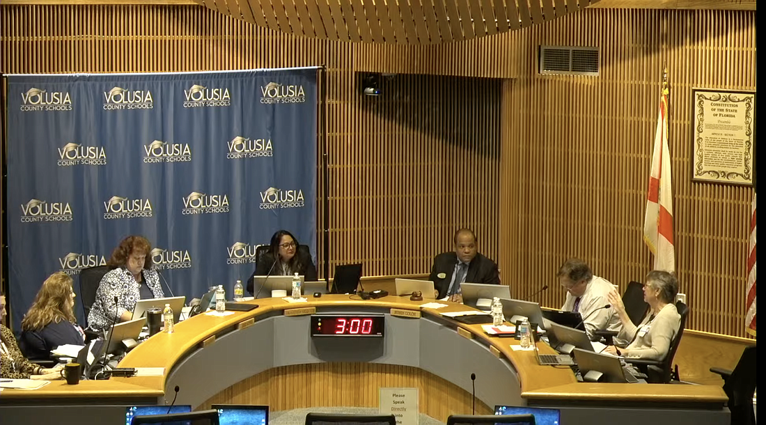 The Volusia County School Board discusses the evaluation instrument for its attorney. Screenshot courtesy of Volusia County School's livestream