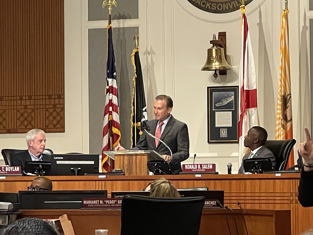 Jacksonville Mayor Lenny Curry announces his proposed budget at a special session of City Council on July 21.