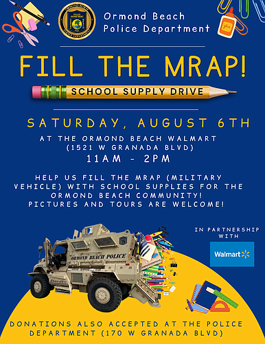 Help the Ormond Beach Police Department fill its military vehicle with school supplies for the community. Courtesy of OBPD