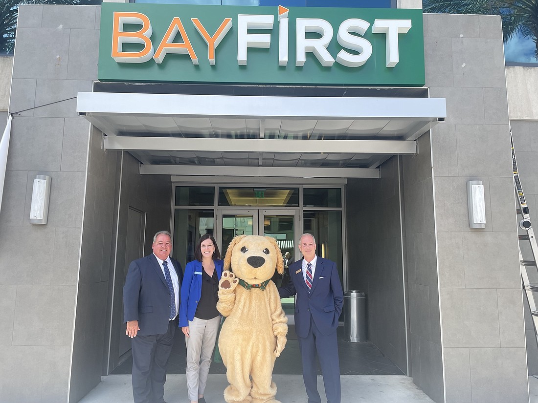 BayFirst President Thomas Zernick, COO and CFO Robin Oliver, mascot Cash and CEO Anthony Leo. (Courtesy photo)