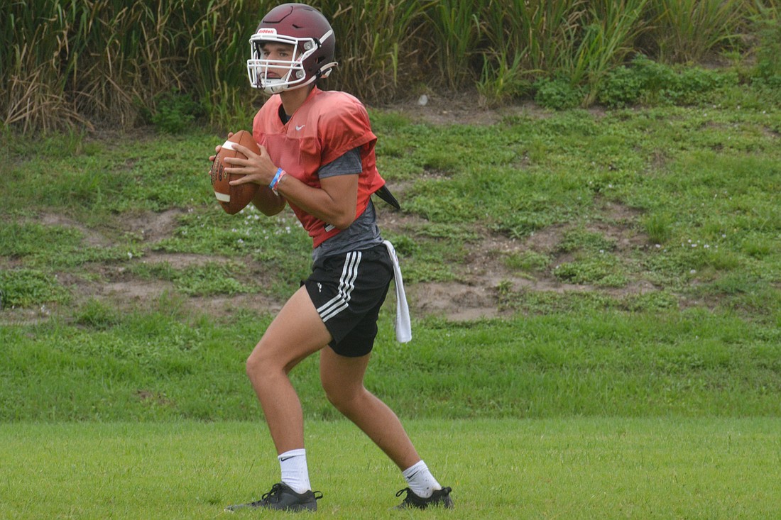 Braden River junior quarterback Nick Trier is fully healthy after missing most of the 2021 season with an ankle injury. The Pirates expect him to be the next in a long line of  QBs to perform at a high level. (Photo by Ryan Kohn)