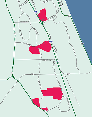 The red portions of the Palm Coast map indicate areas that have low to moderate income, according to the U.S. Census.