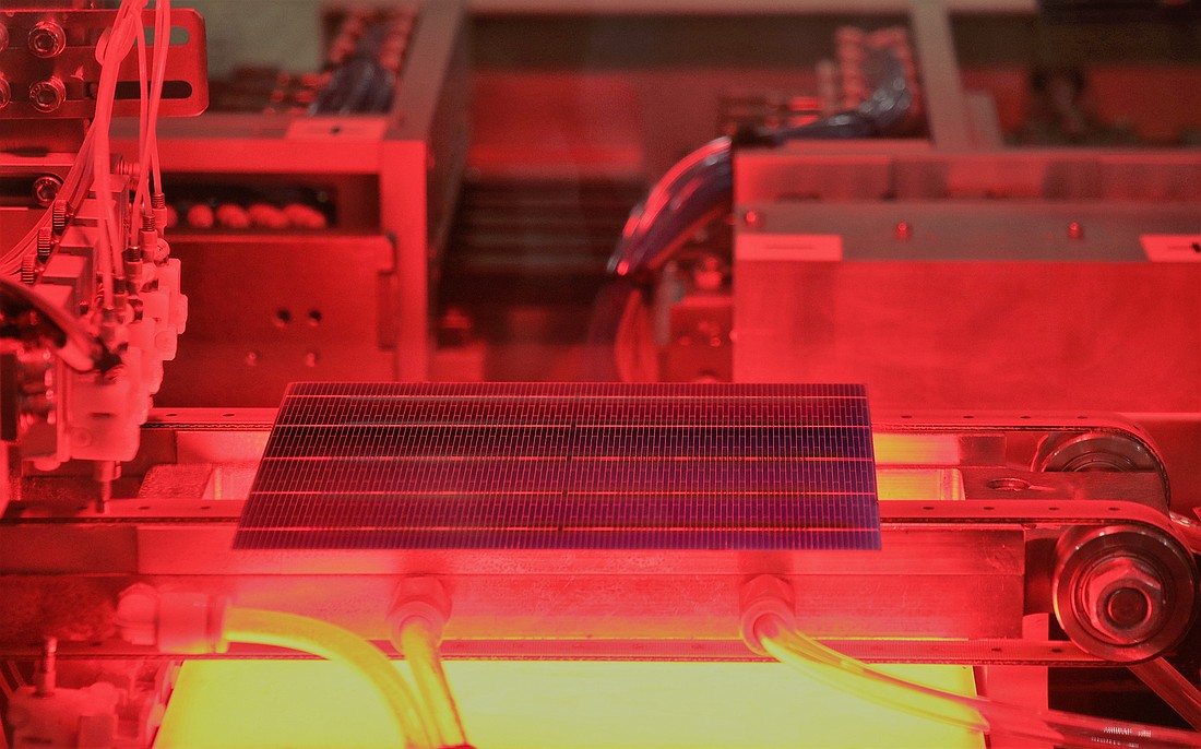 Paper-thin, 158MM solar cells are cut in half by an automated laser cutter at the JinkoSolar assembly plant in West Jacksonville.  (JinkoSolar)