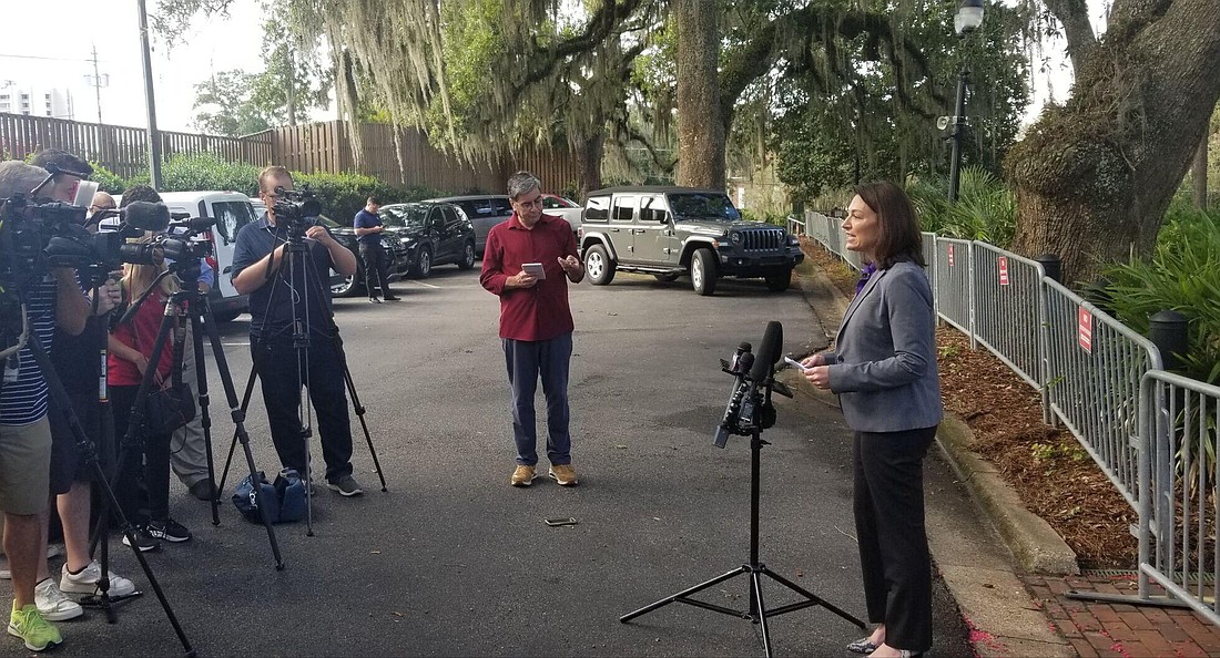 Democratic gubernatorial candidate Nikki Fried held a news conference Tuesday outside the governor's mansion. Photo by Jim Turner/The News Service of Florida