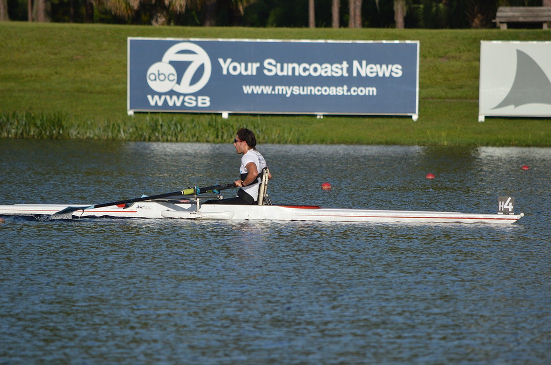 Elliot Vasquez puts all of his effort into rowing during the PR1 Men&#39;s Masters 1x Final at the 2022 USRowing Masters National Championships. Vasquez won a gold medal in the race (8:11.99). (Photo courtesy of Nathan Benderson Park)