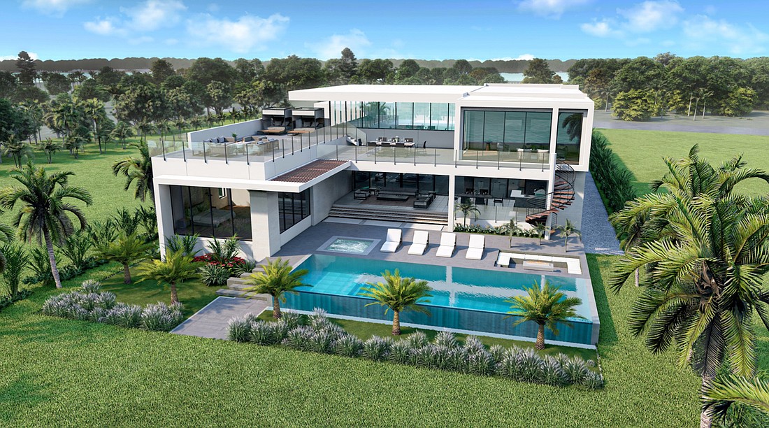 A rendering of a $16.99 million home under construction by Seaward Development on Siesta Key features a salt water pool, 1,500-square-foot rooftop terrace and a 1,530-square-foot guest house. (Courtesy of Seaward Development)