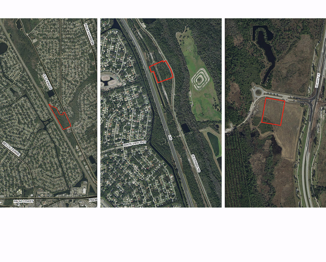Proposed locations for three new storage facilities: the Kings Crossing Storage Facility, Broward-Palm Coast Storage Facility and Palm Coast Park Lot 4. Images courtesy of the city of Palm Coast