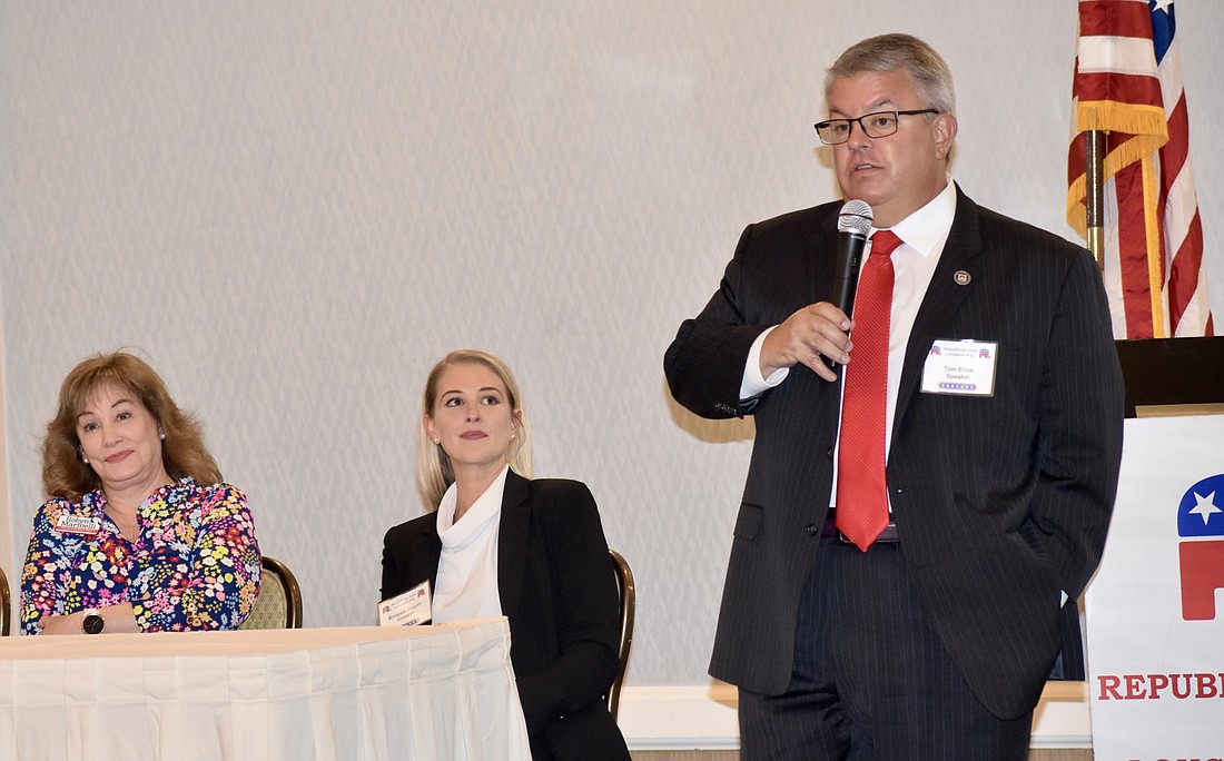 At an April meeting of the Republican Club of Longboat KeyÂ , School Board member Bridget Ziegler, center, was joined by candidates Robyn Marinelli and Timothy Enos. (File photo)