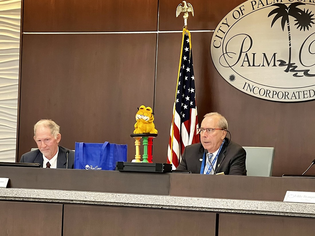 David Alfin used a Garfield toy and a three-legged stool to make his case for keeping the tax rate as-is. The comic strip character had been used in marketing for the Palm Coast community before it became a city. Courtesy photo