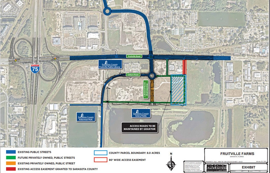 The new Sarasota County Administration Center, shaded in blue, will be located in Fruitville Farms just south of Fruitville Road. (Courtesy of Sarasota County)