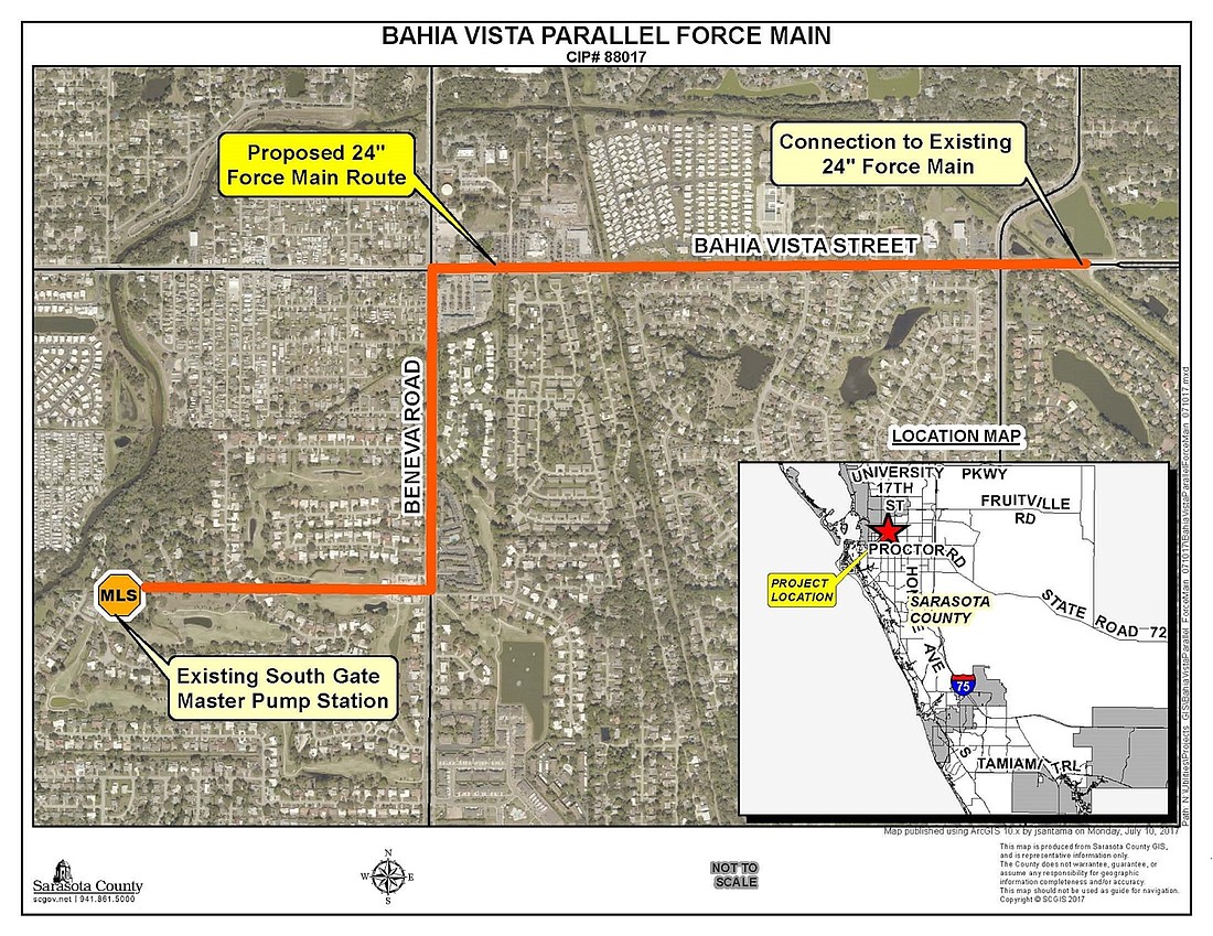 The project area for the $21.4 million Bahia Vista Street force main project, which is expected to be completed in early 2024. (Courtesy of Sarasota County)