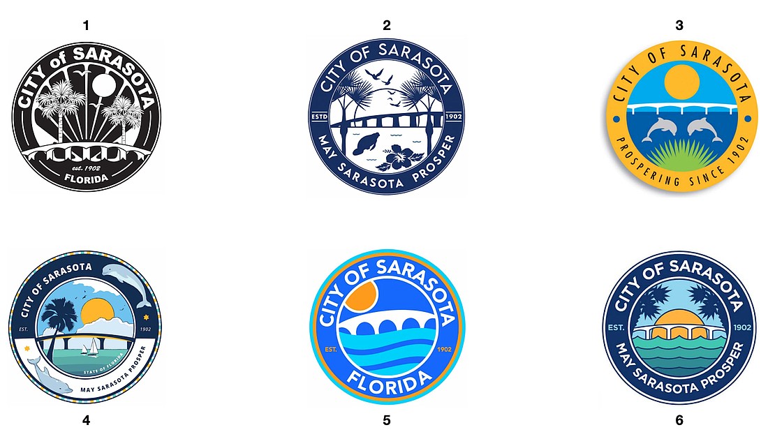 The five finalists plus a hybrid version of designs for a new city seal. Designs were submitted by Cynthia Clasgens (1), Rachel Ewing (2), Bill Greaves (3),  Sara Scire (4) and Brooks Tracey (5). No. 6 is a hybrid by Dream Large.