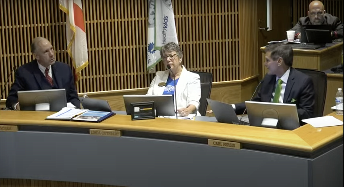 New School Board attorney Aaron Wolfe and School Board members Linda Cuthbert and Carl Persis. Screenshot of the VCSB livestream