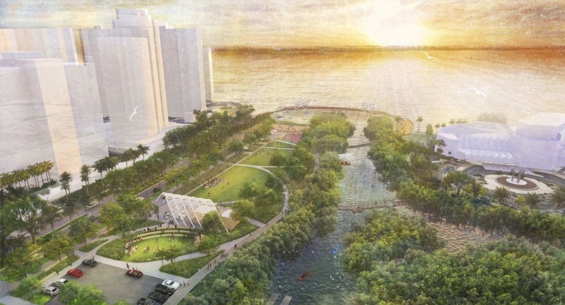 A rendering of the completed first phase of The Bay. The circular sunset pier at the top has been redesigned as a crescent for ecological purposes. (Courtesy Bay Park Conservancy)