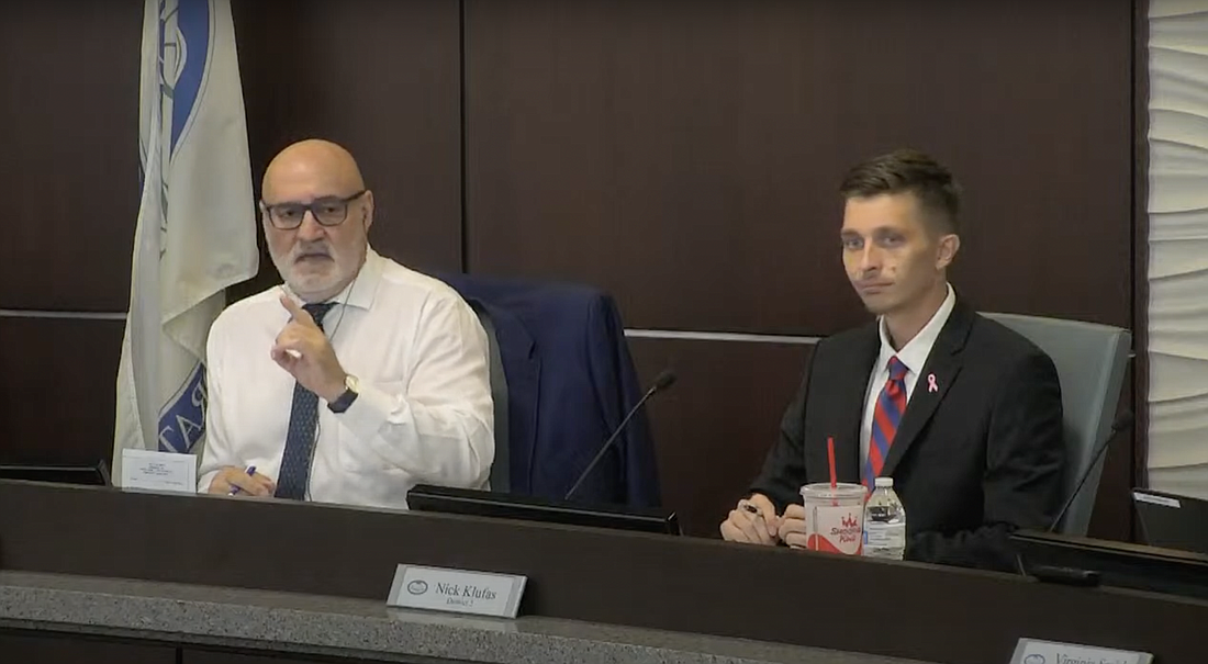 Vice Mayor Eddie Branquinho, left, states his support for the fiscal year 2023 budget during the Sept. 21 final budget meeting. Councilman Nick Klufas is at right. Image from meeting livestream