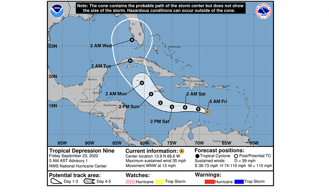 Tropical Depression 9's track as of 5 a.m. Friday, Sept. 23. Image from the National Hurricane Center