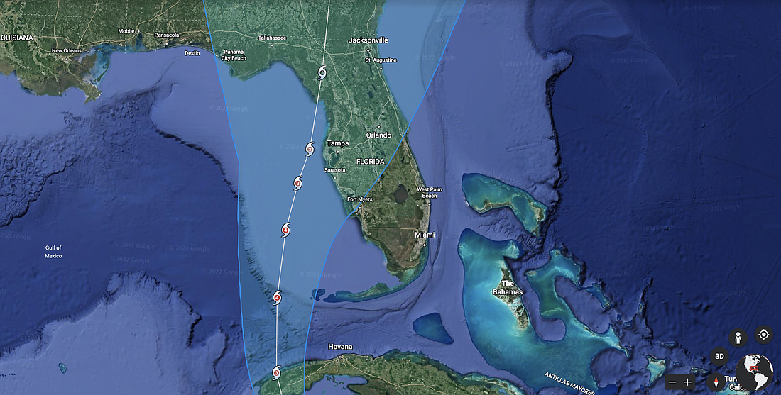 Hurricane Ian's projected track as of the morning of Monday, Sept. 26. Image from Google Earth