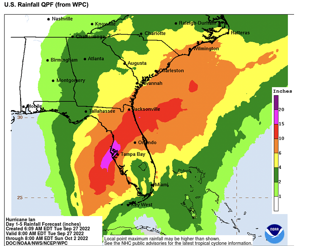 Rainfall potentials as of the morning of Tuesday, Sept. 27. Image courtesy of the National Hurricane Center