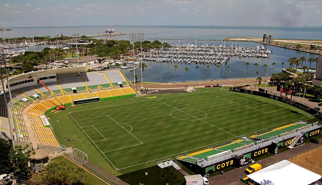 Al Lang Field, the waterfront home of the Tampa Bay Rowdies soccer team, is extremely vulnerable to storm surge from hurricanes. (Wikimedia Commons)