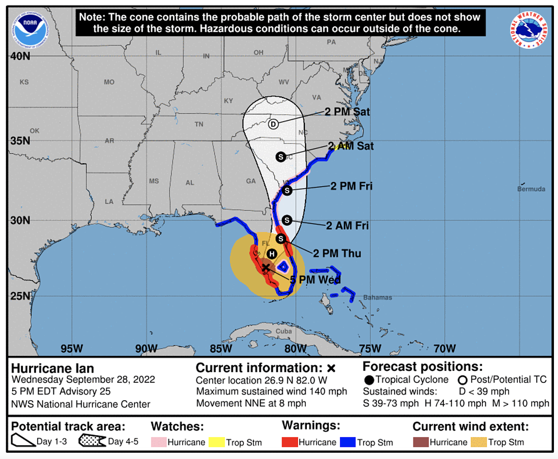 Hurricane Ian is now battering the Florida peninsula per the National Hurricane Center's 5 p.m. advisory on Wednesday, Sept. 28, and is expected to move toward north-northeast at near 8 mph. Graphic courtesy of NHC
