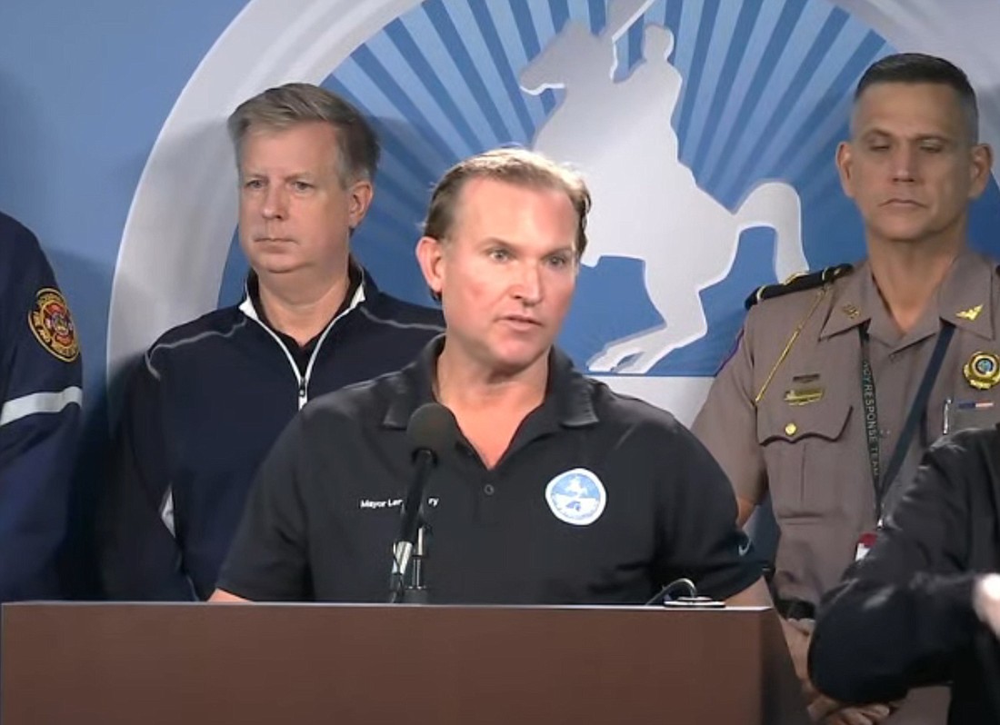 Mayor Lenny Curry speaks at a news conference about Hurricane Ian on Sept. 30 in this image from the WJXT TV-4 broadcast.