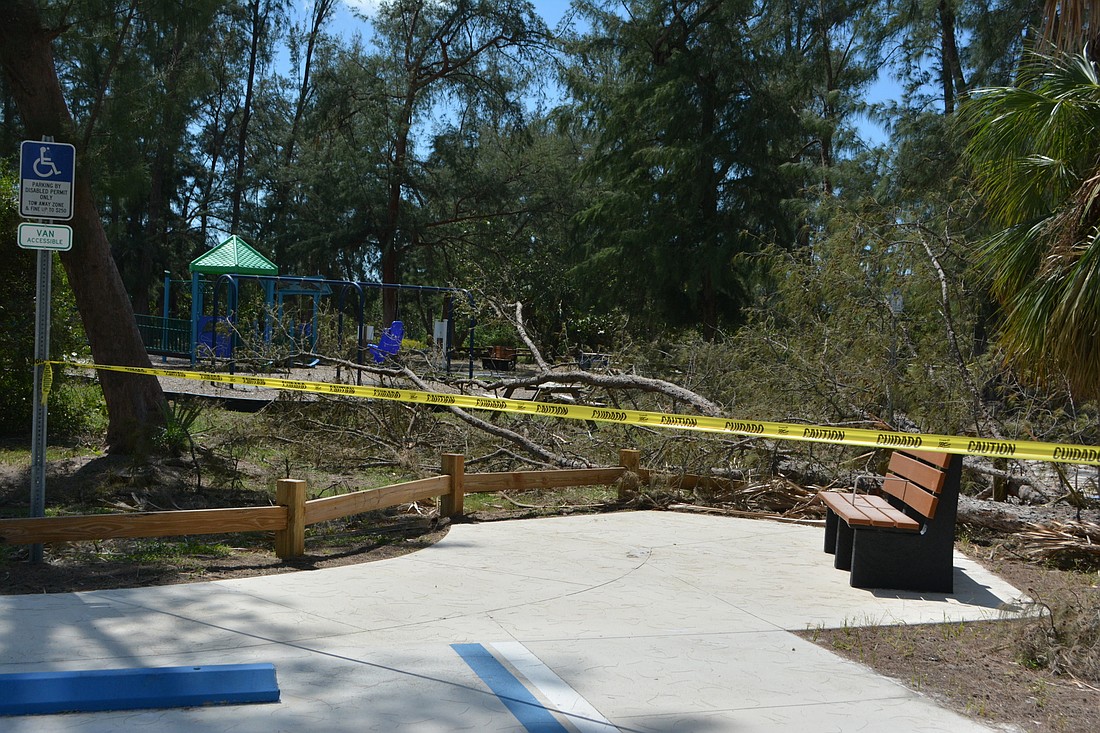 Trees are down and other damage needs to be repaired at Ted Sperling Park. (Photo by Lauren Tronstad)
