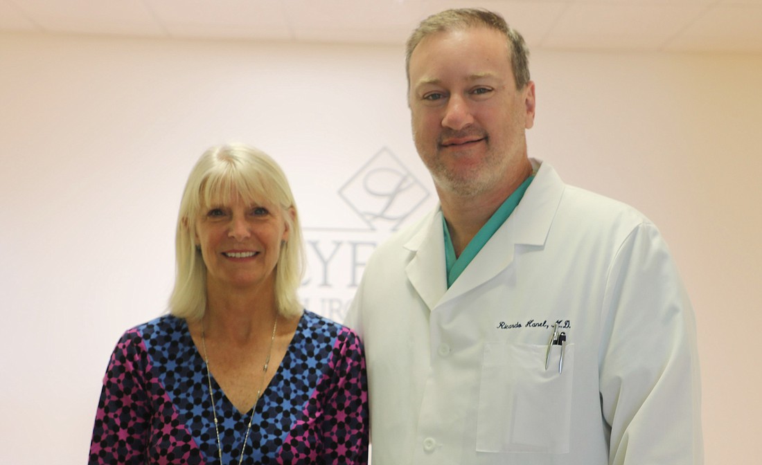 Pam Jordan and Dr. Ricardo Hanel, co-medical director of the Baptist Stroke & Cerebrovascular Center. Jordan joined the Familial Brain Aneurysm Study in April. Her aneurysm was discovered in July and repaired in August.