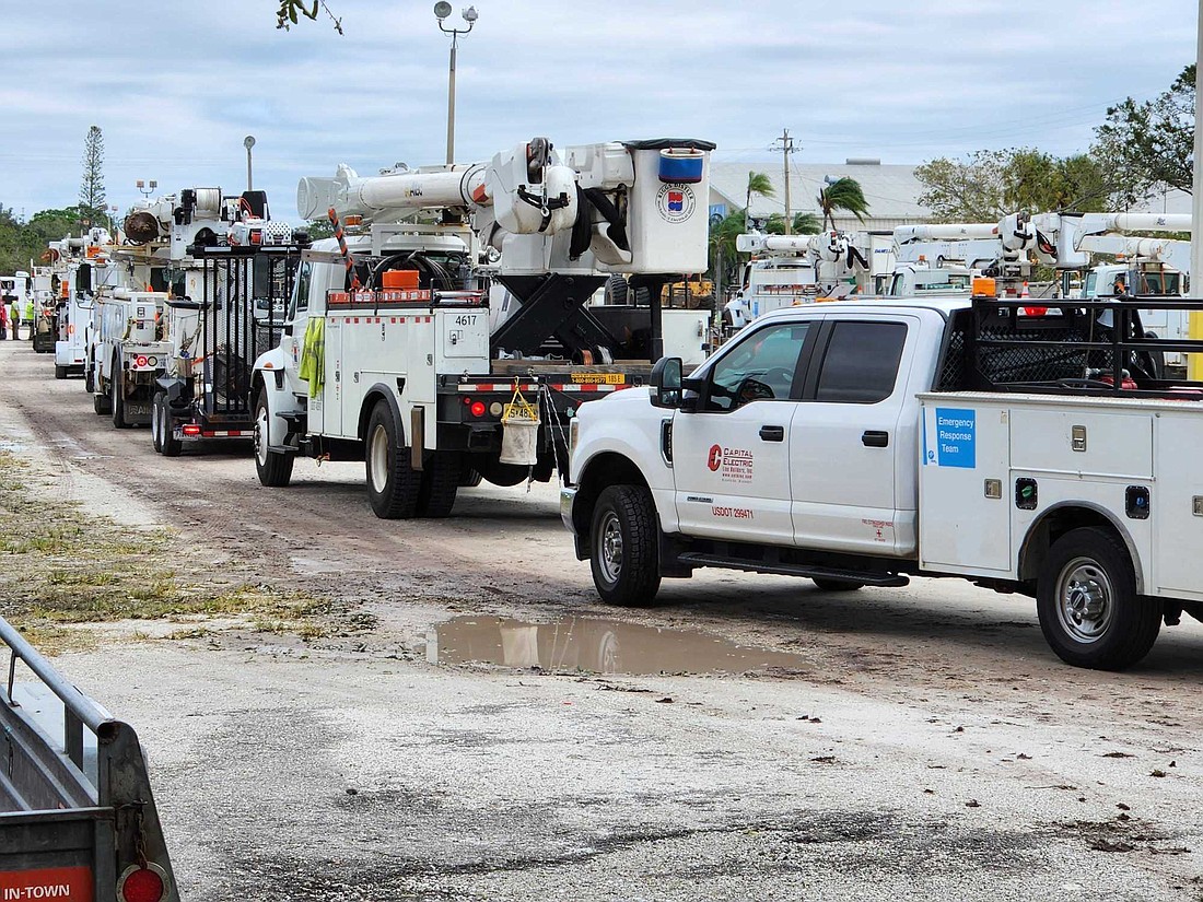 Contractors and utility workers from around the nation have used the Sarasota County Fairgrounds as a staging area since Hurricane Ian. (Andrew Warfield)