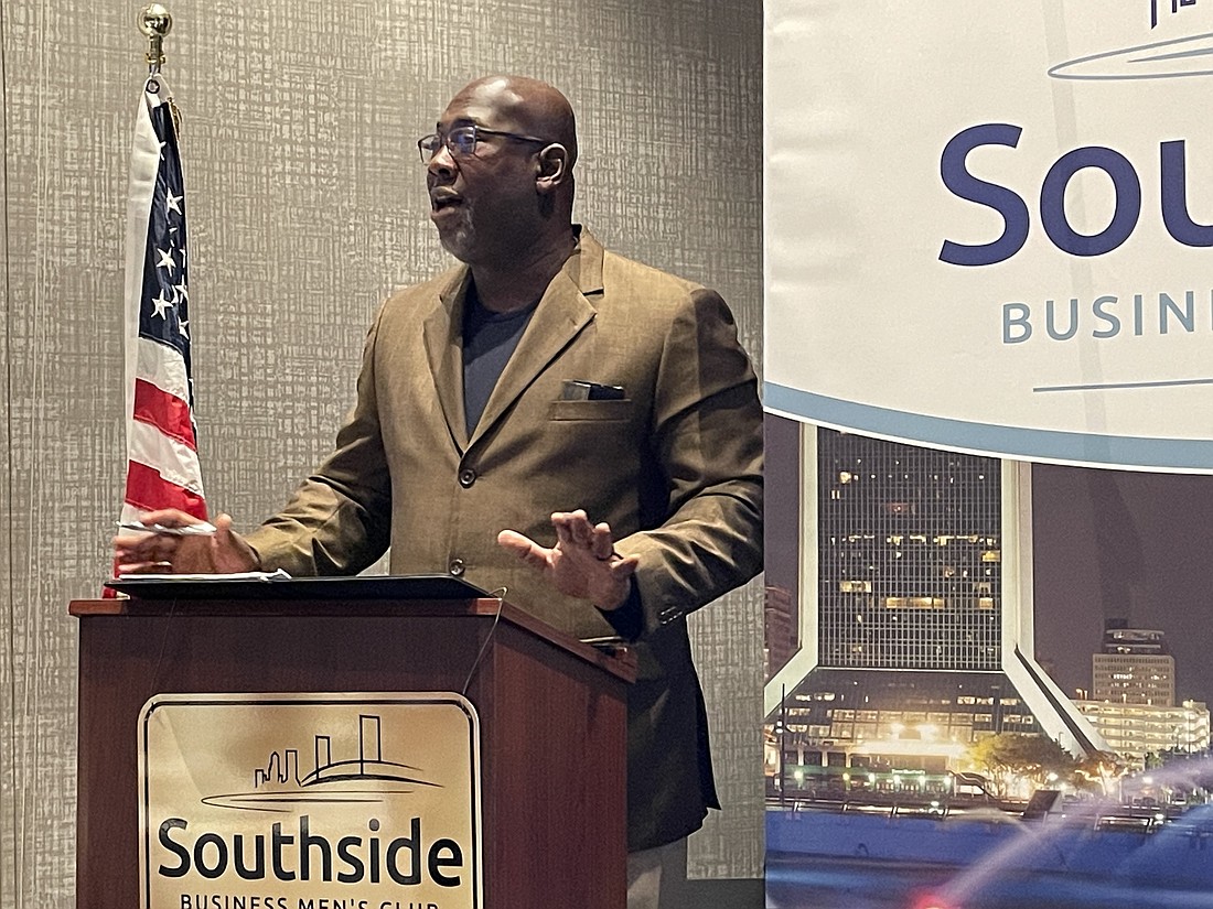 Photo by Mike Mendenhall: JAXUSA Partnership President Aundra Wallace speaks to the Southside Business Menâ€™s Club on Oct. 5.