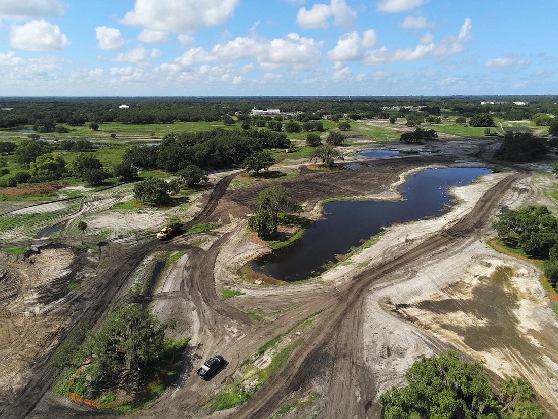 Crews shaping the 15th hole and 11th hole. A dry retention pond is being created, which will contribute to the significant water quality benefits of the project. (Courtesy of City of Sarasota)