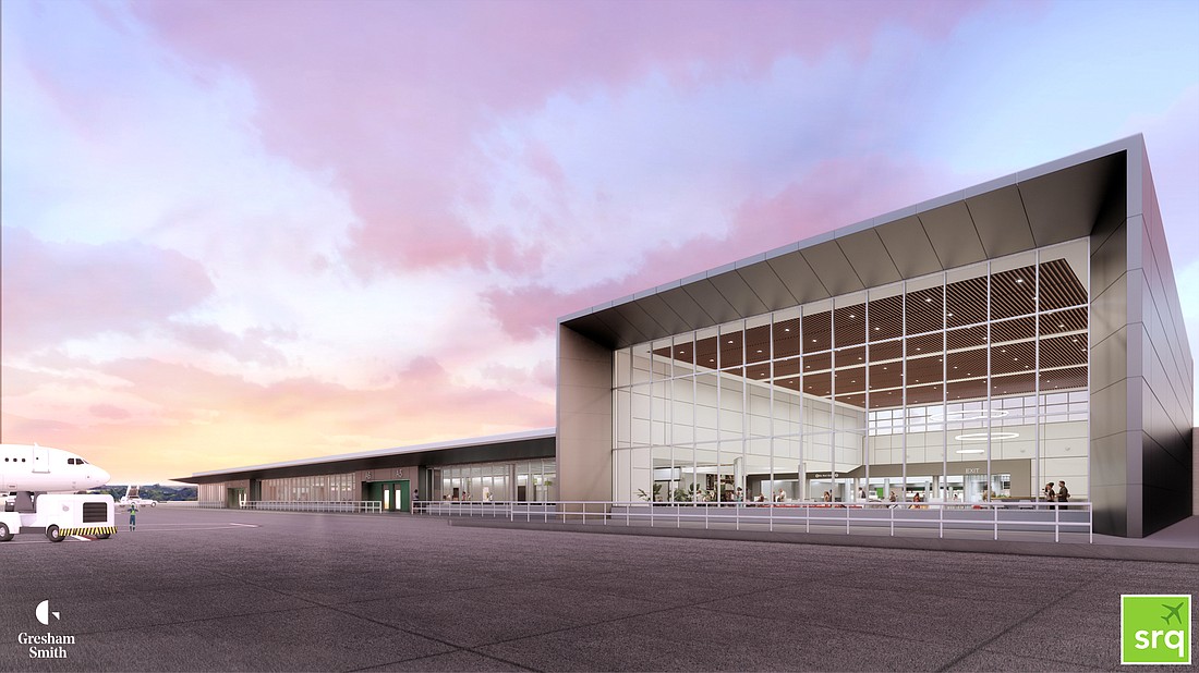 Exterior rendering of the new ground boarding facility under development at Sarasota-Bradenton International Airport. (Rendering courtesy of SRQ)