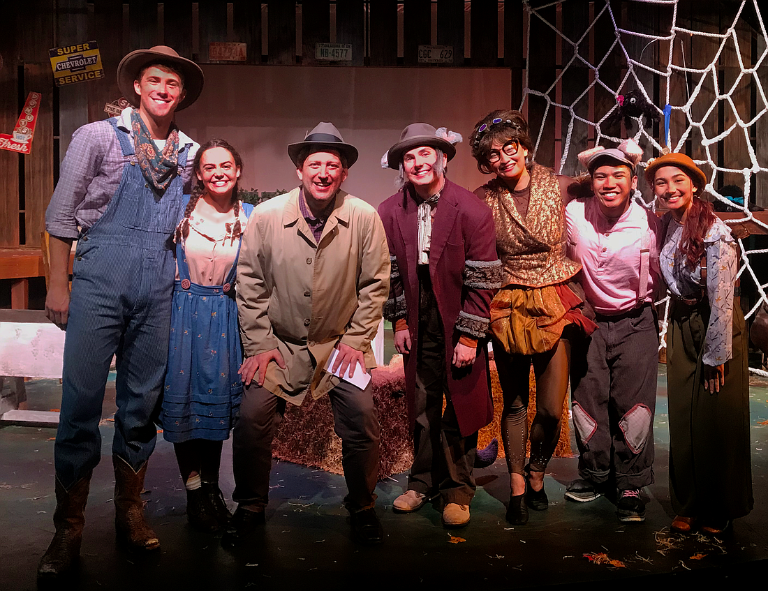 From left, the cast of Charlotte&#39;s Web: Benjamin Brandt, Gemma Vodacek, Observer editor Spencer Fordin, Jack Bausch, Marissa Gast, Jeric Gutierrez and Caroline Younglove. (Photo by Lydia Baxter)