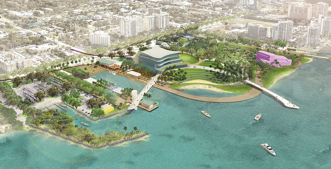 A conceptual rendering of The Bay with a new performing arts center in the middle of the park. The building drawing is for illustrative purposes only. (Courtesy Image)