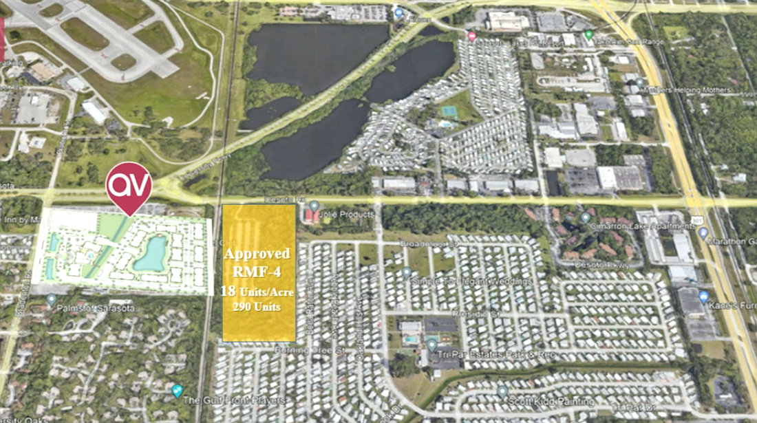 Shaded in yellow, the Progress University apartments site is directly adjacent to the planned Aventon Sarasota multifamily community across University Parkway from Sarasota-Bradenton International Airport. (Courtesy image)