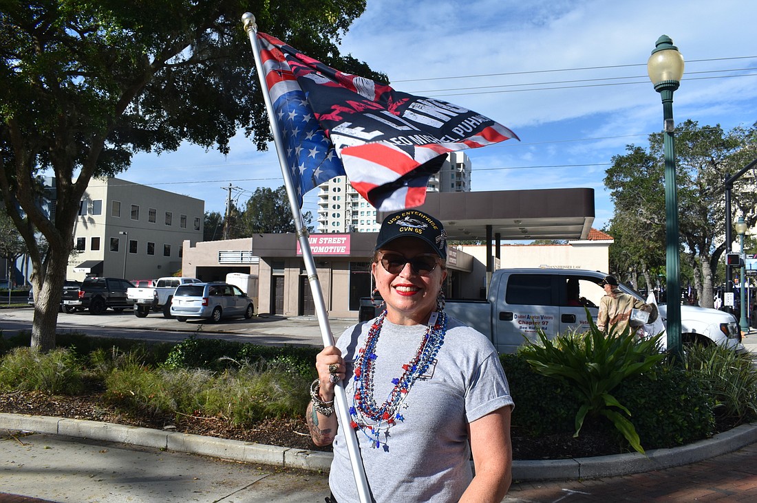 Brenda Spatt walked Sarasota's Veterans Day Parade on Nov. 11, 2022, in honor of her son, Leo Michael Puhaly.