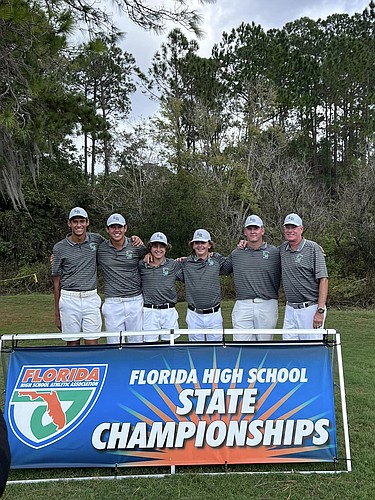 Lakewood Ranch&#39;s Parker Severs, Preston Severs, Josh Orgen, AJ Hovermale, Henry Burbee, and Coach Dave Frantz celebrated a fifth-place finish at the FHSAA state tournament. (Courtesy photo.)