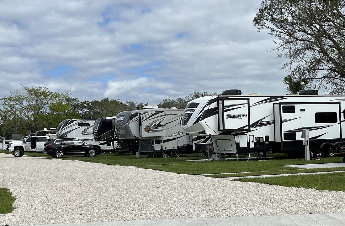 RVs fill the campground at Linger Lodge RV Park only weeks after it suffered major damage from Hurricane Ian. The park has reopened after a two-year renovation only three days before the hurricane. (Photo by Liz Ramos)