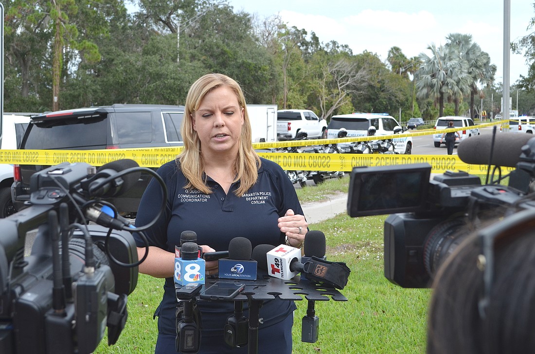 Sarasota Police Department Public Information Officer Genevieve Judge addresses the media Tuesday about an officer involved shooting near the intersection of Beneva and Fruitville roads. (Andrew Warfield)