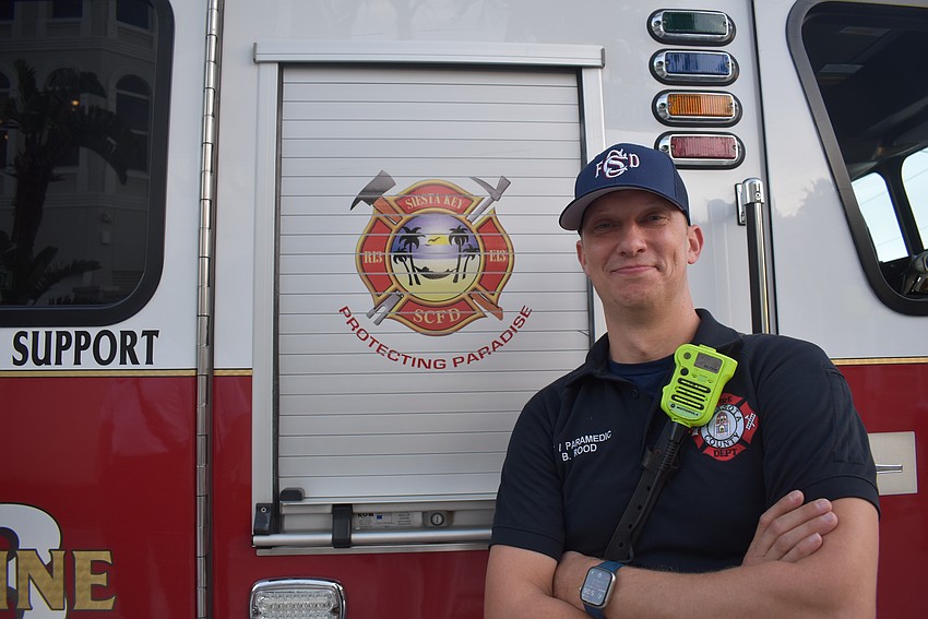Bryan Rood will drive Siesta Key Fire Department's truck to clear Ocean Boulevard for the start of the parade.