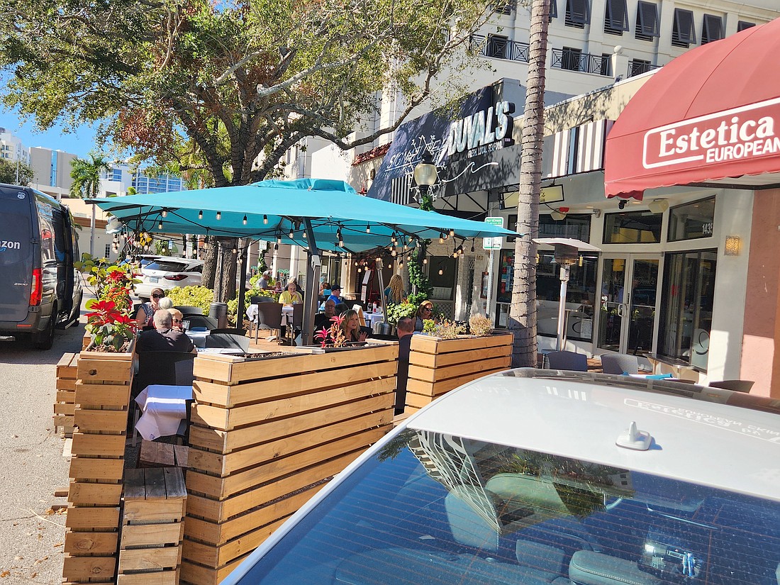 Duval's restaurant at 1435 Main St. is one of several restaurants in downtown Sarasota taking advantage of parklet dining. The city allowed restaurants to place tables over parking spaces during the pandemic.