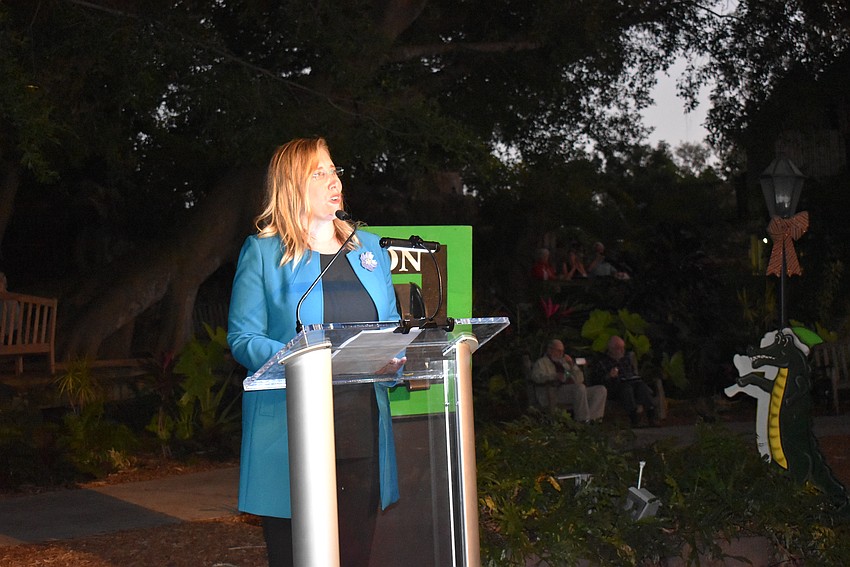 Marie Selby Botanical Gardens President and CEO Jennifer Rominiecki greets and welcomes the crowd to Lights in Bloom.