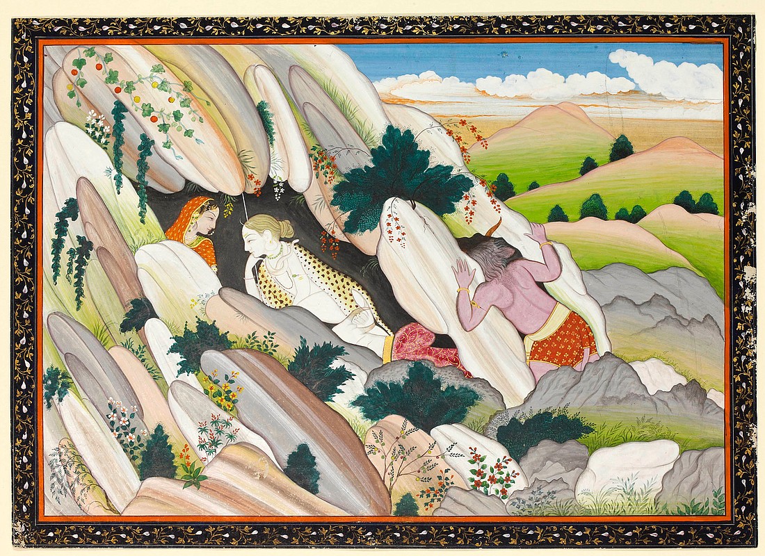 The demon Andhaka spies on Shiva and Parvati in a 19th century watercolor.