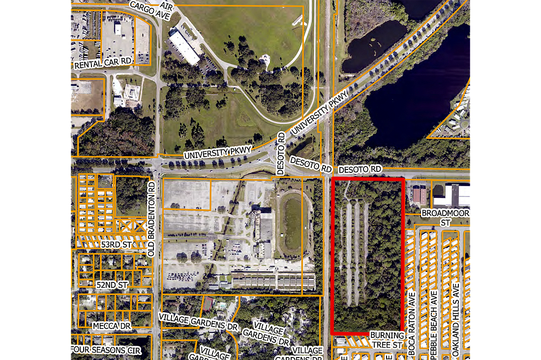 Outlined in red, the Progress at University site at 1400 Desoto Road is adjacent to the former Sarasota Kennel Club, where a 372-unit apartment complex is planned, and bordered on two sides by Tri-Par Estates, a residential community.